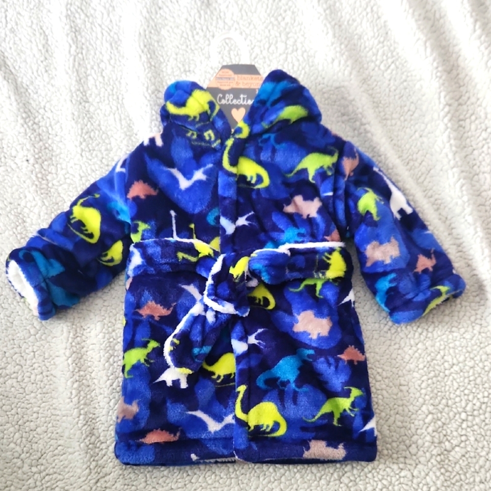 Blue Dinosaur Print Kids' Bathrobe With Fleece Lining